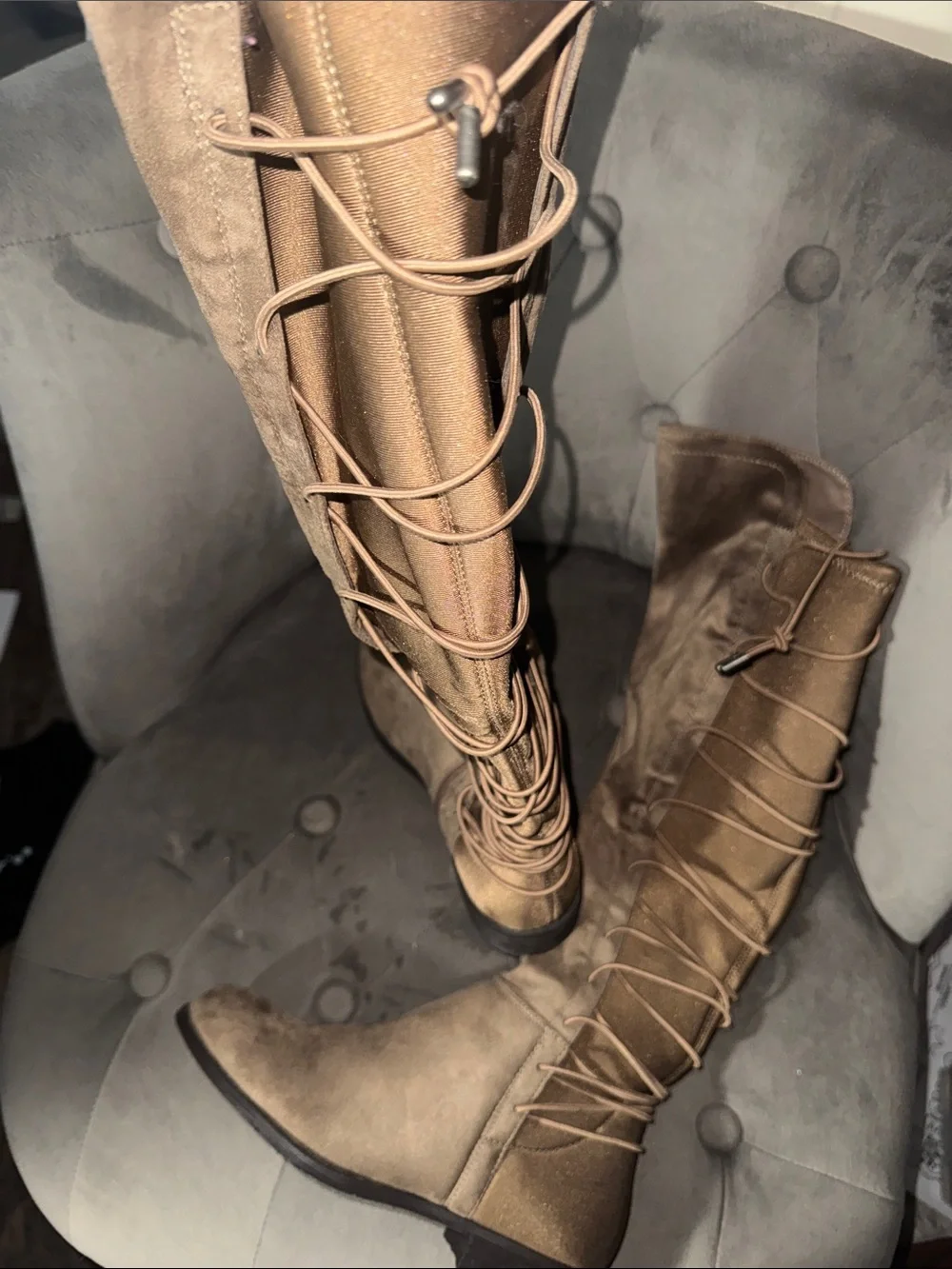 Knee-High Lace Back Women's Boots in Taupe